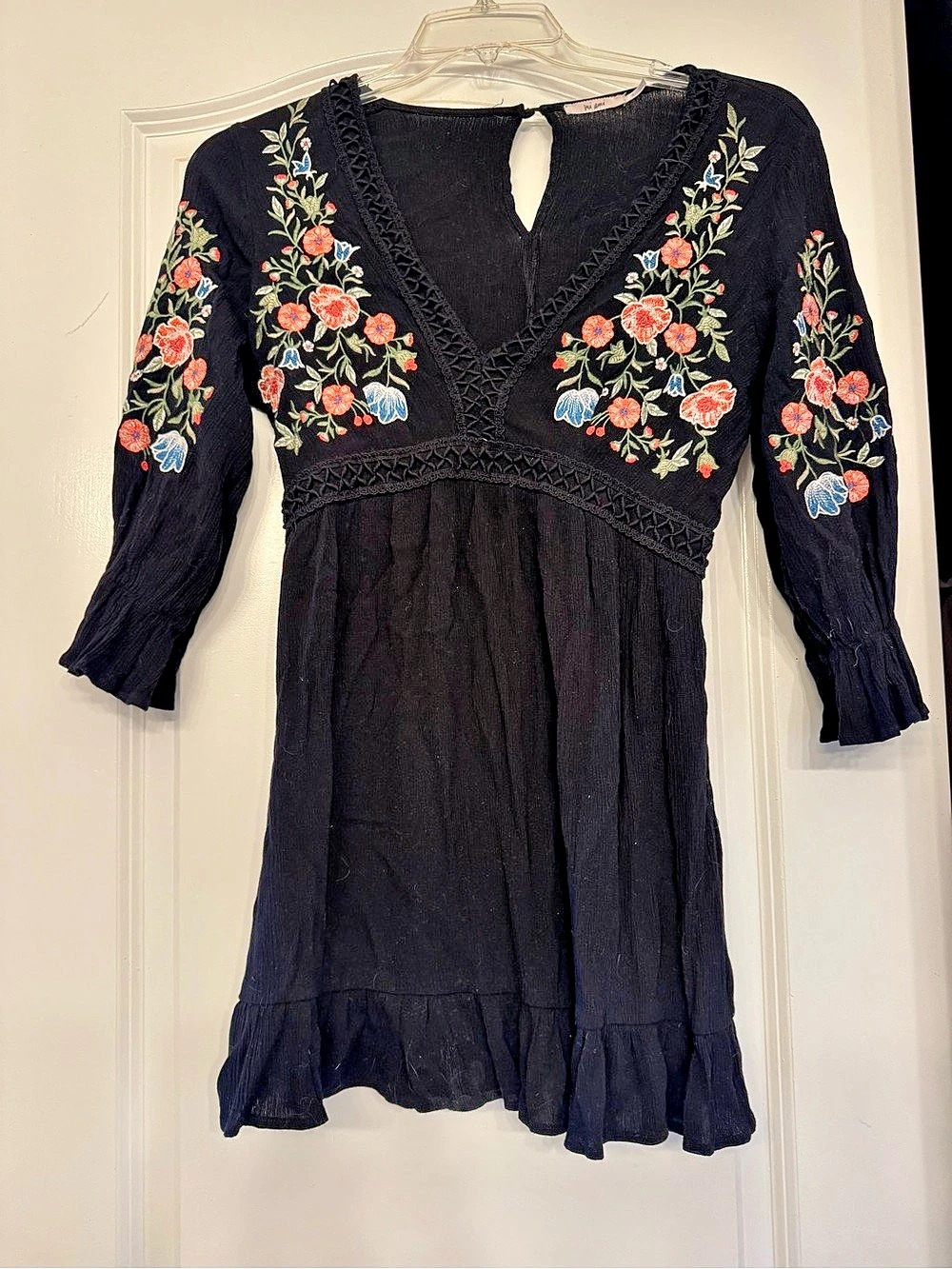 Flying Tomato Floral Embroidered Mini Dress in Black & Red
